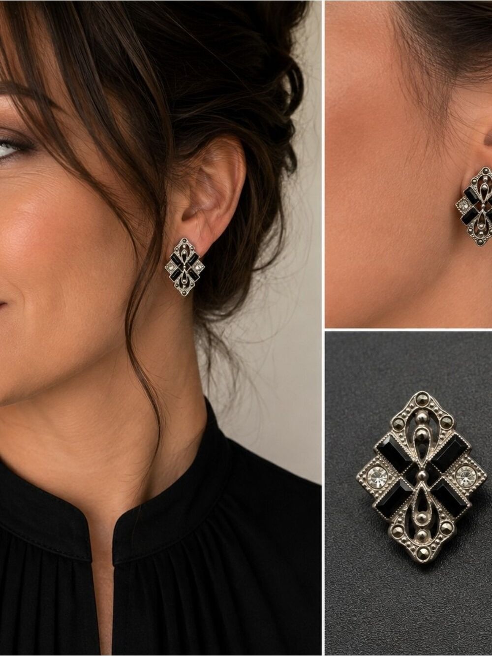 Vintage Art Deco Revival Black Rhinestone Silver Tone Geometric Pierced Earrings